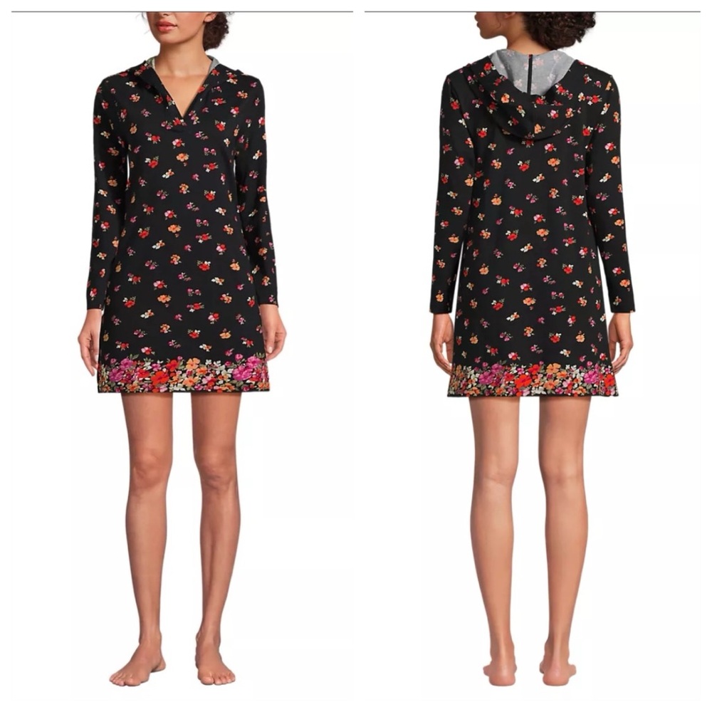 Lands End Women's Cotton Jersey Long Sleeve Hooded Swim Cover-up Dress